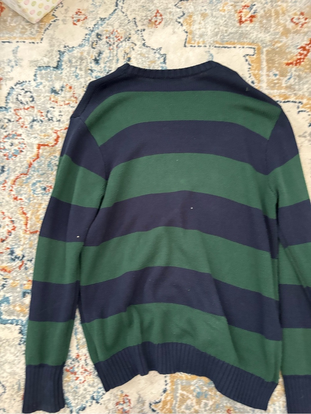Brandy Melville Men's Green & Navy Striped Crewneck Sweater